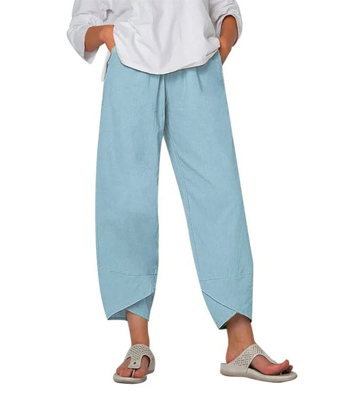 Comfortable Solid Colour Patchwork Cotton And Linen Trousers