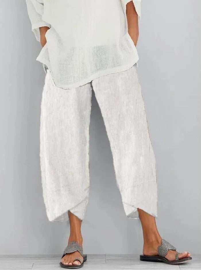 Comfortable Solid Colour Patchwork Cotton And Linen Trousers