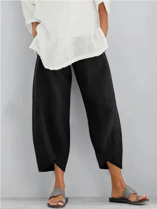 Comfortable Solid Colour Patchwork Cotton And Linen Trousers