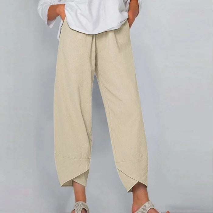 Comfortable Solid Colour Patchwork Cotton And Linen Trousers