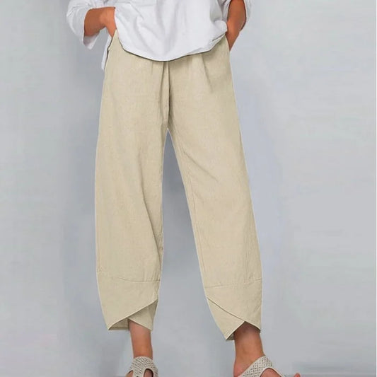 Comfortable Solid Colour Patchwork Cotton And Linen Trousers