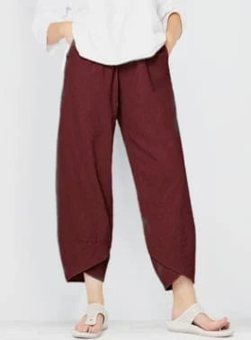 Comfortable Solid Colour Patchwork Cotton And Linen Trousers