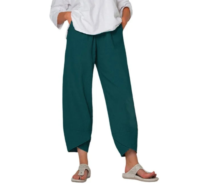 Comfortable Solid Colour Patchwork Cotton And Linen Trousers